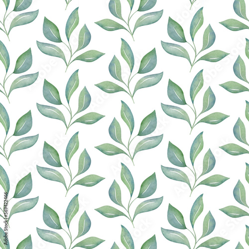 Elegant seamless pattern with branches and leaves painted in watercolor. Delicate green and yellow background made of natural motifs.