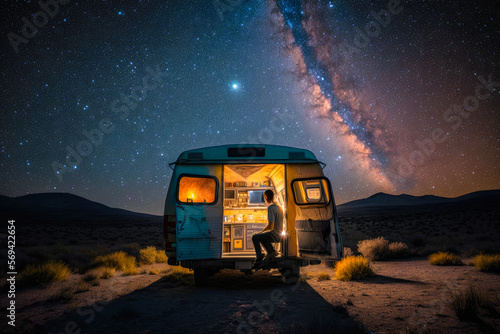 A camper preparing for the night under the stars, illustration - Generative AI