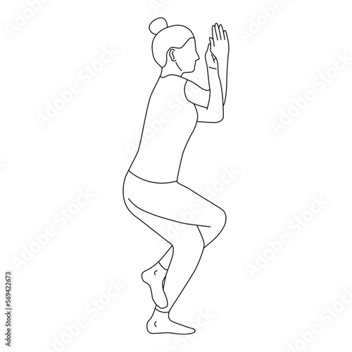 Line art of woman doing Yoga in eagle pose vector.