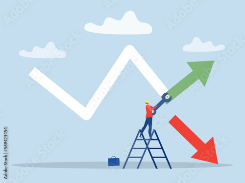 businessman fixing decreasing financial graph with tool wrench stop loss Minimize losses for profit concept vector 