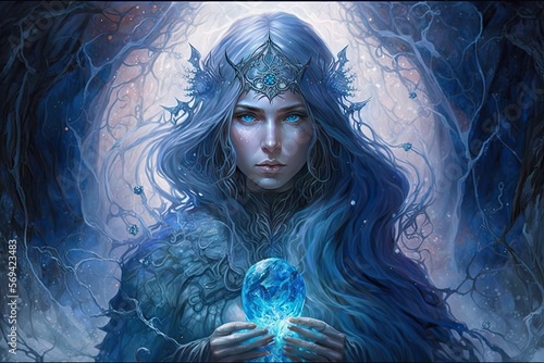 Leinwand Poster A sorceress with sapphire blue hair, weaving enchantments of blue ice and frost