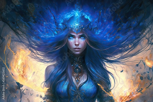 A sorceress with hair of cobalt blue, summoning bolts of blue fire from the sky. Digital art painting, Fantasy art, Wallpaper. Generative ai.