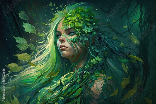 Photographie A sorceress with emerald green hair, creating illusions of green plants and nature