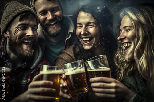 Group of adult friends, toasting in a bar and smiling. Retro style, ia generate
