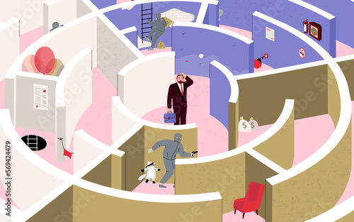 Man with a diplomat stands in a maze of corridors. Concept of choosing a path. People in the corridor. Flat vector illustration, eps10