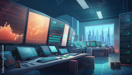 Company stock market computer system display interior background. Generative AI technology.
