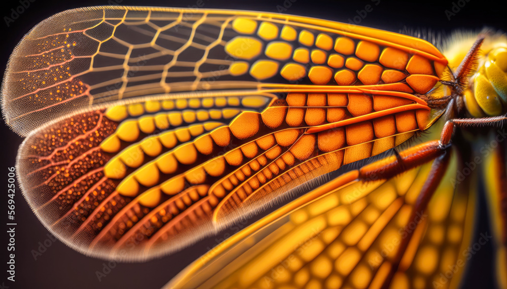 Fototapeta premium A closeup of a dragonfly's wing, Sympetrum flaveolum, Yellow-winged Darter - Generative AI