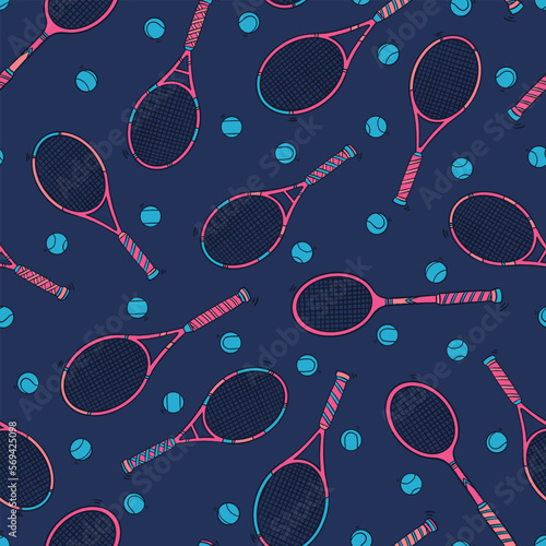 Tennis racket doodle seamless pattern. Cartoon illustration vector illustration background. For print, textile, web, home decor, fashion, surface, graphic design