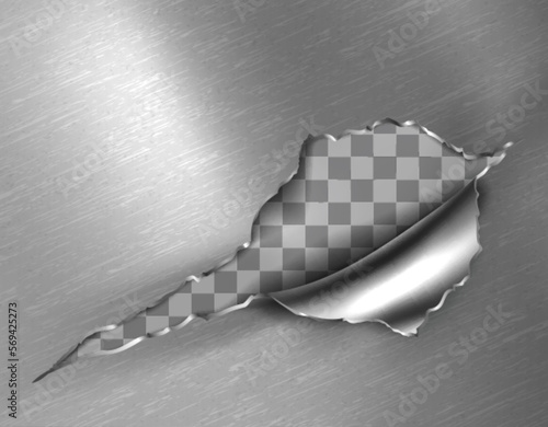 Ragged hole in steel sheet with transparent background. Metal break with ripped edges, torn crack in heavy metal page from cut or explosion, vector realistic illustration