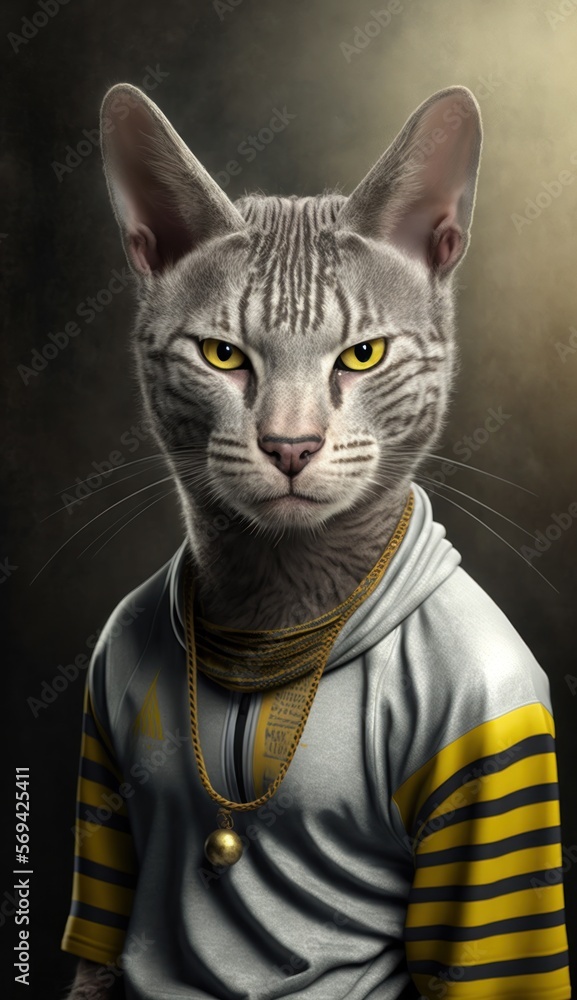Photo Shoot of Cool, Cute and Adorable Humanoid Egyptian Mau Cat in Stylish Sportswear:A Unique Athletic Animal in Action with Comfortable Activewear and Gym Clothes like Men, Women, and Kids