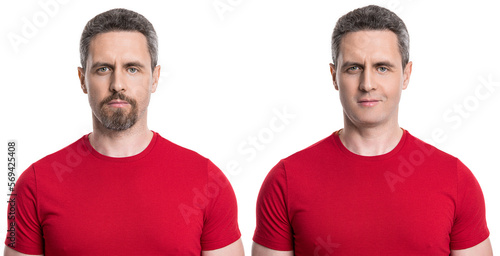 collage before and after. man face shaven comparison before and after isolated on white.