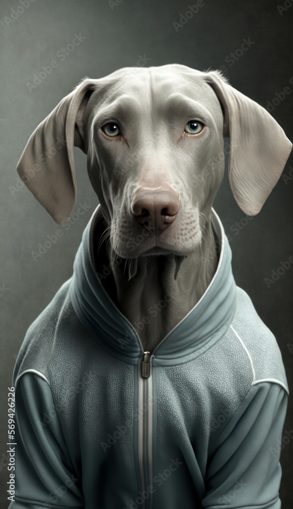 Photo Shoot of Cool, Cute and Adorable Humanoid Weimaraner Dog in Stylish Sportswear:A Unique Athletic Animal in Action with Comfortable Activewear and Gym Clothes like Men, Women, and Kids