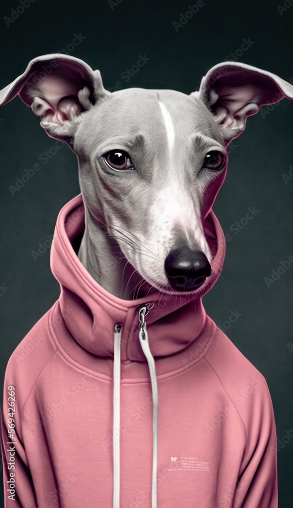 Photo Shoot of Cool, Cute and Adorable Humanoid Whippet Dog in Stylish Sportswear:A Unique Athletic Animal in Action with Comfortable Activewear and Gym Clothes like Men, Women, and Kids
