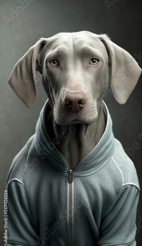 Obraz na płótnie Photo Shoot of Cool, Cute and Adorable Humanoid Weimaraner Dog in Stylish Sportswear:A Unique Athletic Animal in Action with Comfortable Activewear and Gym Clothes like Men, Women, and Kids w salonie
