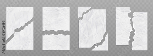 Crumpled torn paper sheets with uneven edges. Ragged blank pages with wrinkles and ripped borders, empty white notepad pieces isolated on transparent background, Realistic 3d vector illustration, set