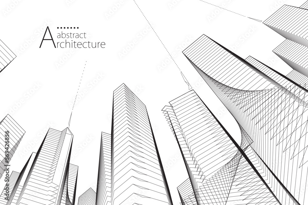 3D illustration, abstract modern urban landscape line drawing, imaginative architecture building construction perspective design.
 - obrazy, fototapety, plakaty 