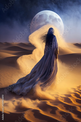 mysterious woman standing in desert landscape in full moon