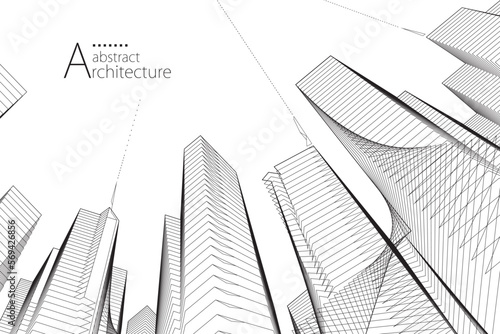 3D illustration, abstract modern urban landscape line drawing, imaginative architecture building construction perspective design.
