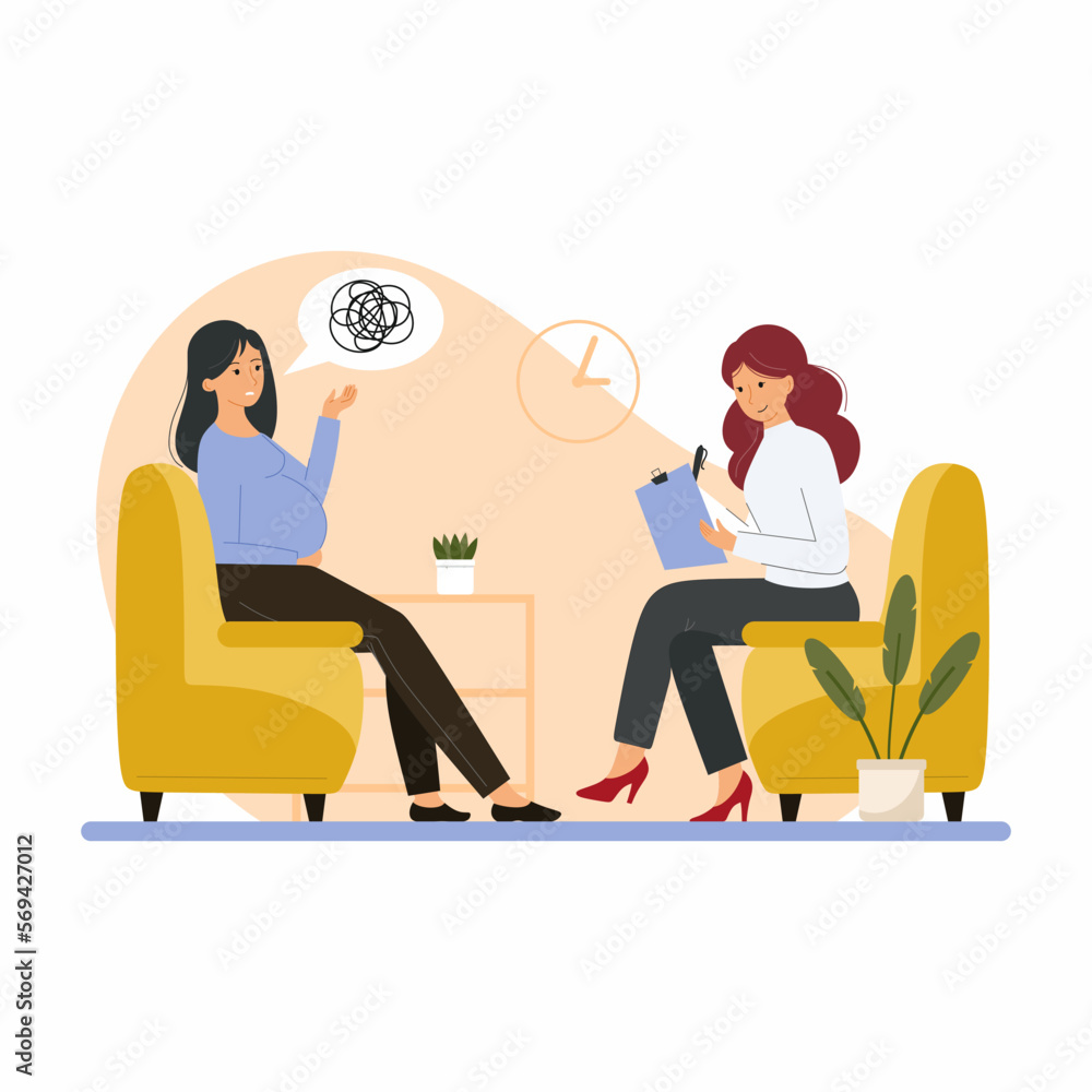 Pregnant woman in session with psychologist. Psychological support. Mental health. Family therapy. Pregnant woman in session with psychologist. Psychological support. Mental health. Family therapy.