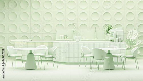 Coffee shop. Restaurant design. Modern and Minimal, green counter and white gloss beige background  ,Wall back counter pastel blue decor. 3d render
