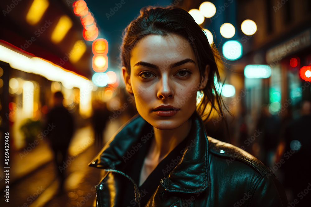 Stylish attractive young woman wearing a leather jacket looking at the ...