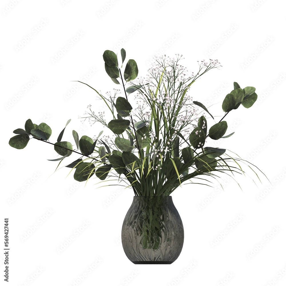 Obraz premium decorative flowers and plants for the interior, isolated on white background, 3D illustration, cg render