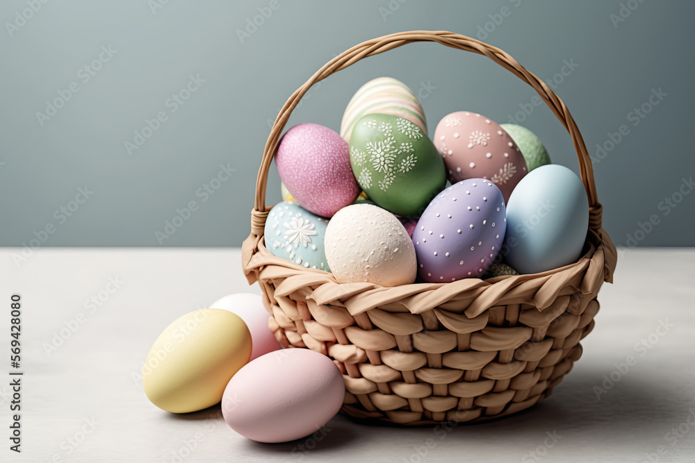 Traditional painted Easter eggs in a basket, generative ai illustration on a neutral background