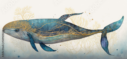 Colorful blue whale porpoise illustration in ocean with elaborate gold patterns covering skin and background, ai. photo