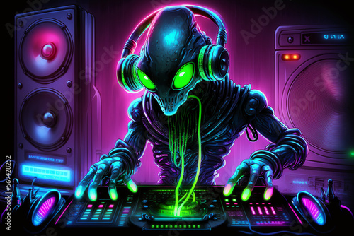 Obraz na płótnie Neon fluorescent alien dj. Ai generation 