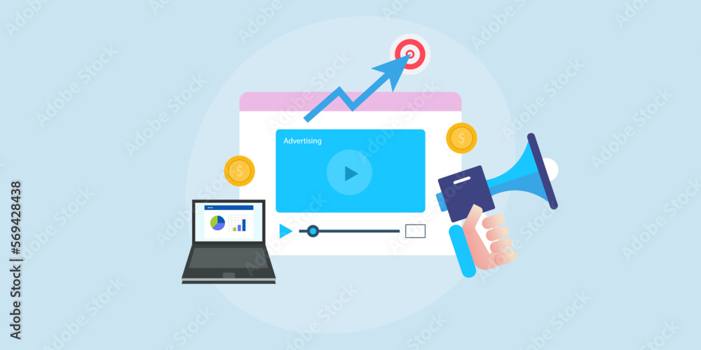 Video advertising displays on webpage, marketing data analytics on laptop screen and hand holding speaker. Targeting audience with video ads concept. Video advertising displays on webpage, marketing data analytics on laptop screen and hand holding speaker. Targeting audience with video ads concept.