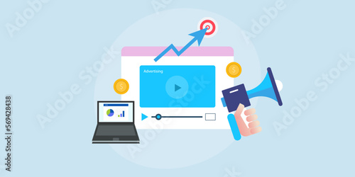 Video advertising displays on webpage, marketing data analytics on laptop screen and hand holding speaker. Targeting audience with video ads concept.