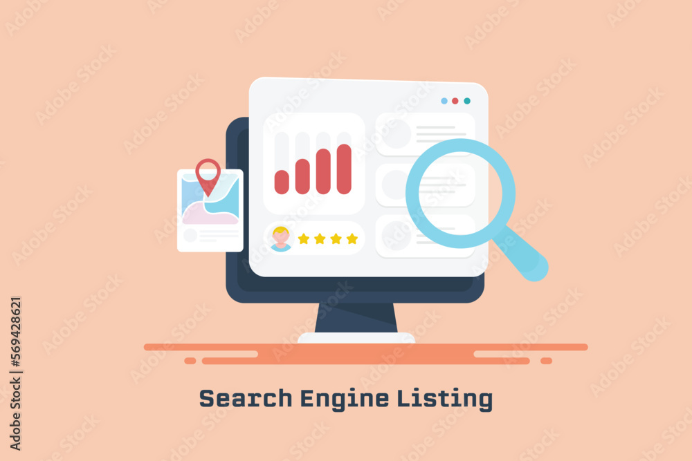 Obraz premium Business listing on search engine page customer review, map pointer location local SEO optimization concept on pc screen, vector banner.