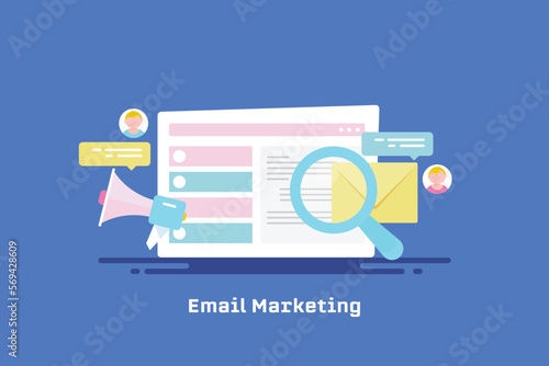 Illustration concept email marketing, dashboard with text messages subscriber list, business promotion.