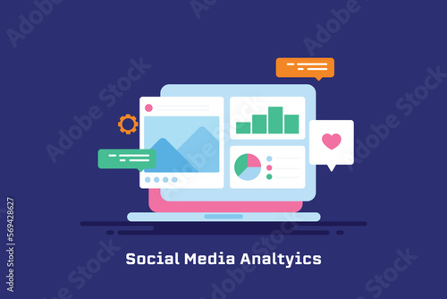 Social media post and graph analytics data insight information on laptop screen vector illustration concept.