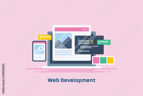 Web design and software development engineering programming and coding with UI UX application concept, vector banner illustration. 