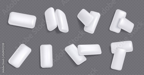 White chewing gums, mint candies for fresh breath. Piles of sweet menthol bubble gum pads, chewy candies isolated on transparent background, vector realistic illustration
