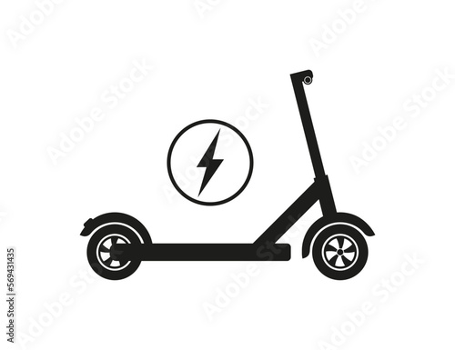 Electric scooter. Icon of electro bike. Logo for rental bicycle. Child eco transport isolated on white background. Symbol of charge battery. Cartoon escooter for mobility of ride. Vector