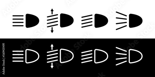 Headlight icons. Car headlights on dashboard. Light of lamps vehicle. Set of signs for headlamp of automobile. Outline collection for technology design of transport. Vector
