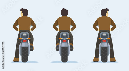 Back view of a young male character without helmet riding motorcycle. Stopping, standing and riding. Flat vector illustration template.  