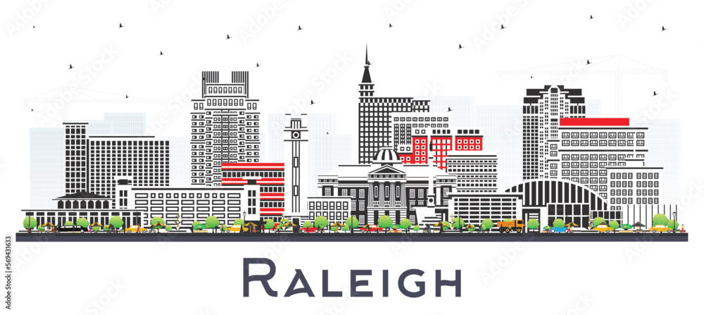 Obraz premium Raleigh North Carolina City Skyline with Color Buildings Isolated on White. Vector Illustration. Raleigh Cityscape with Landmarks.
