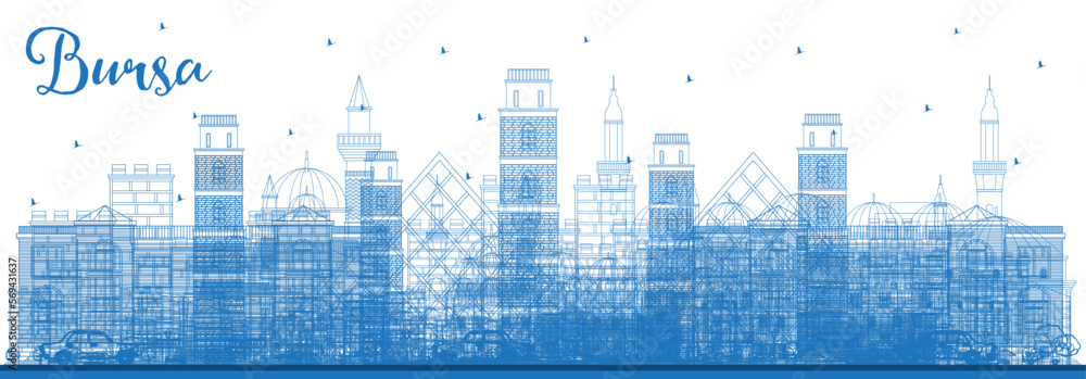 Outline Bursa Turkey City Skyline with Blue Buildings. Vector Illustration. Business Travel and Concept with Historic Architecture.
