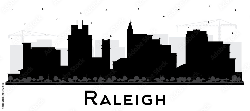 Raleigh North Carolina City Skyline Silhouette with Black Buildings Isolated on White. Vector Illustration. Raleigh Cityscape with Landmarks.