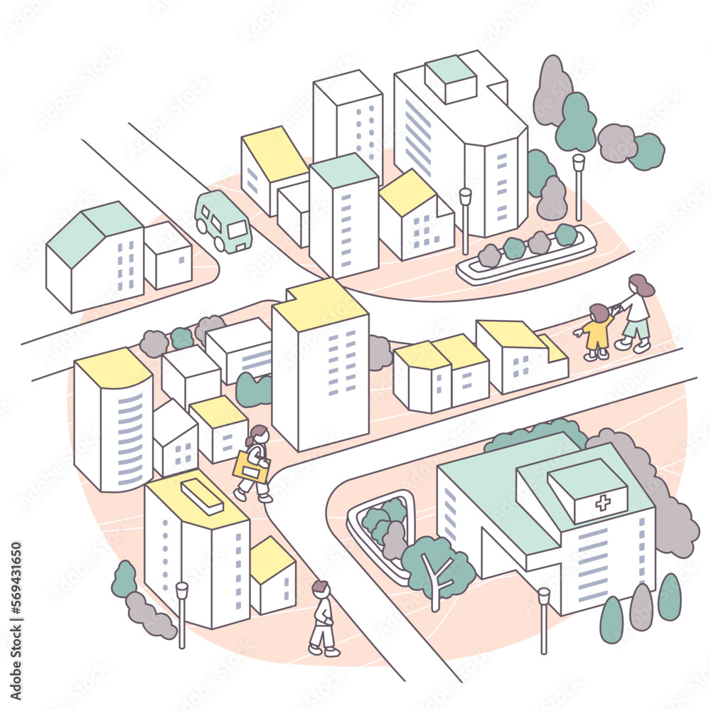 市街地の活気。病院のある町 市街地の活気。病院のある町