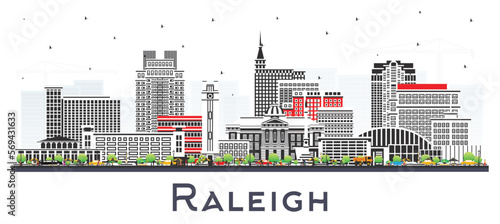 Raleigh North Carolina City Skyline with Color Buildings Isolated on White. Vector Illustration. Raleigh Cityscape with Landmarks.