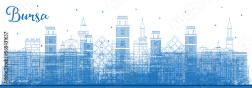 Outline Bursa Turkey City Skyline with Blue Buildings. Vector Illustration. Business Travel and Concept with Historic Architecture.