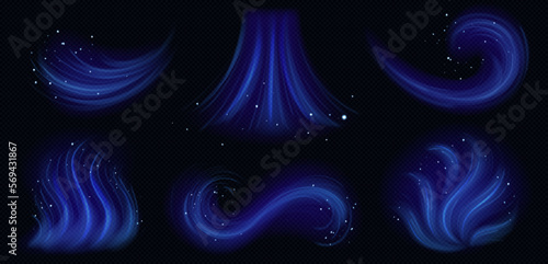 Cold wind effect, winter air flows isolated on transparent background. Blue smoke streams, mist waves and swirls with snow, blizzard trails, vector realistic illustration
