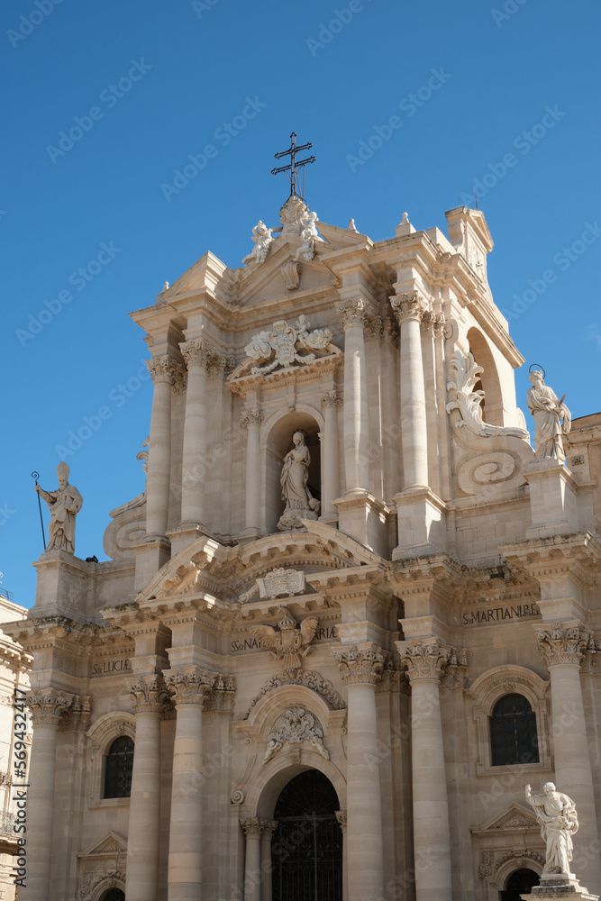 Syracuse, Cathedral of Syracuse. Catholic church in limestone, originally a Greek doric temple, Italy Syracuse, Cathedral of Syracuse. Catholic church in limestone, originally a Greek doric temple, Italy