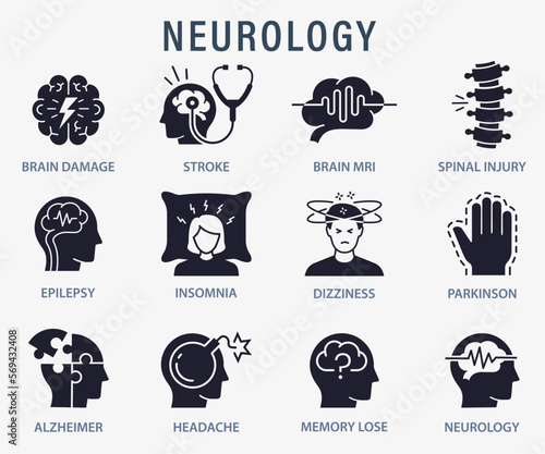 Neurology icons, such as spinal injury, Parkinson, insomnia, headache and more. Isolated vector illustrations.