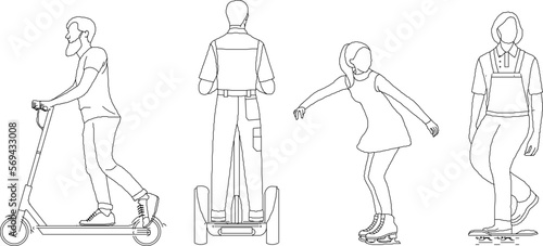 Sketch vector illustration of people playing scooters and rollerblading