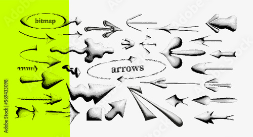 Set of bizarre unusual arrows in pseudo 3d halftone style. Forms of figures in the modern style of brutalism